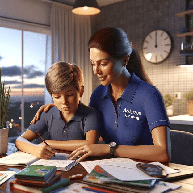 DALL·E 2023-11-08 20.02.33 - Create a hyper-realistic image of a mother in a modern kitchen, assisting her son with homework. The Brazilian mother, in her mid-30s, has a warm comp