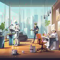 Robots and AI transforming the future of commercial cleaning in an office environment.
