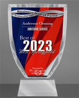 Crystal glass trophy awarded to Anderson Cleaning for Best of West Springfield 2023 in Janitorial Services, symbolizing excellence in commercial cleaning.