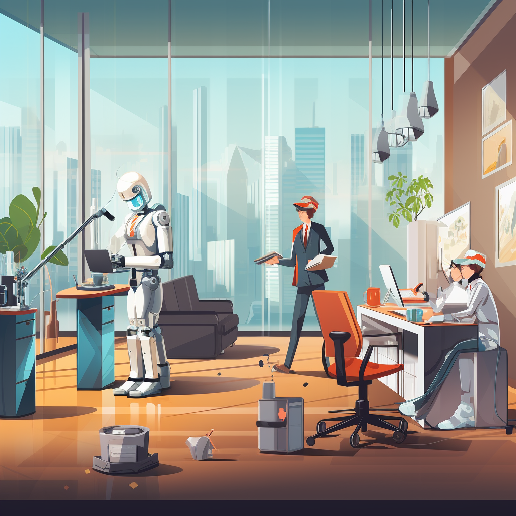 Robots and AI transforming the future of commercial cleaning in an office environment.