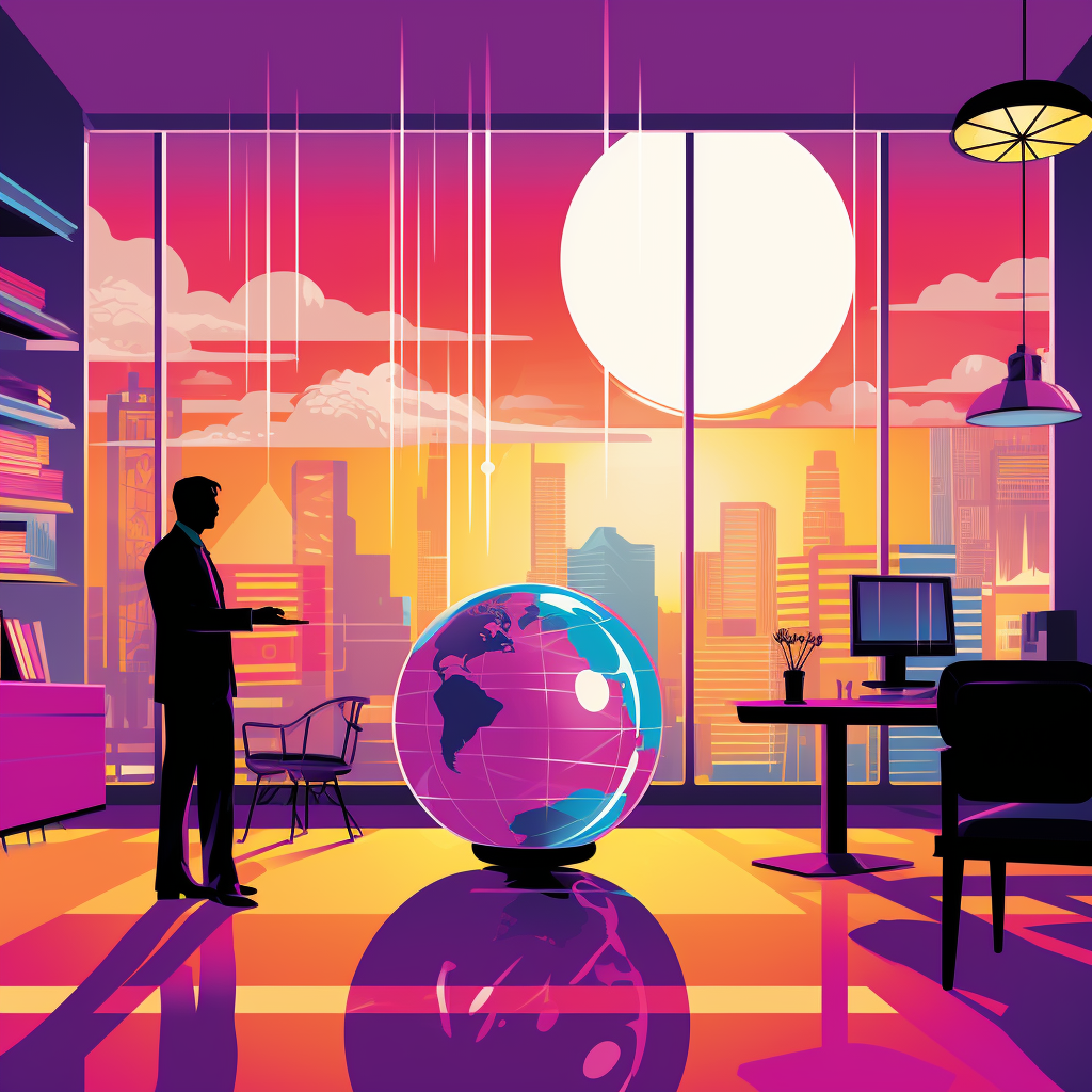 Pop-art illustration of business decision-making process, featuring a crystal ball reflecting key factors for choosing a cleaning contractor, set in a modern office with a city skyline background.
